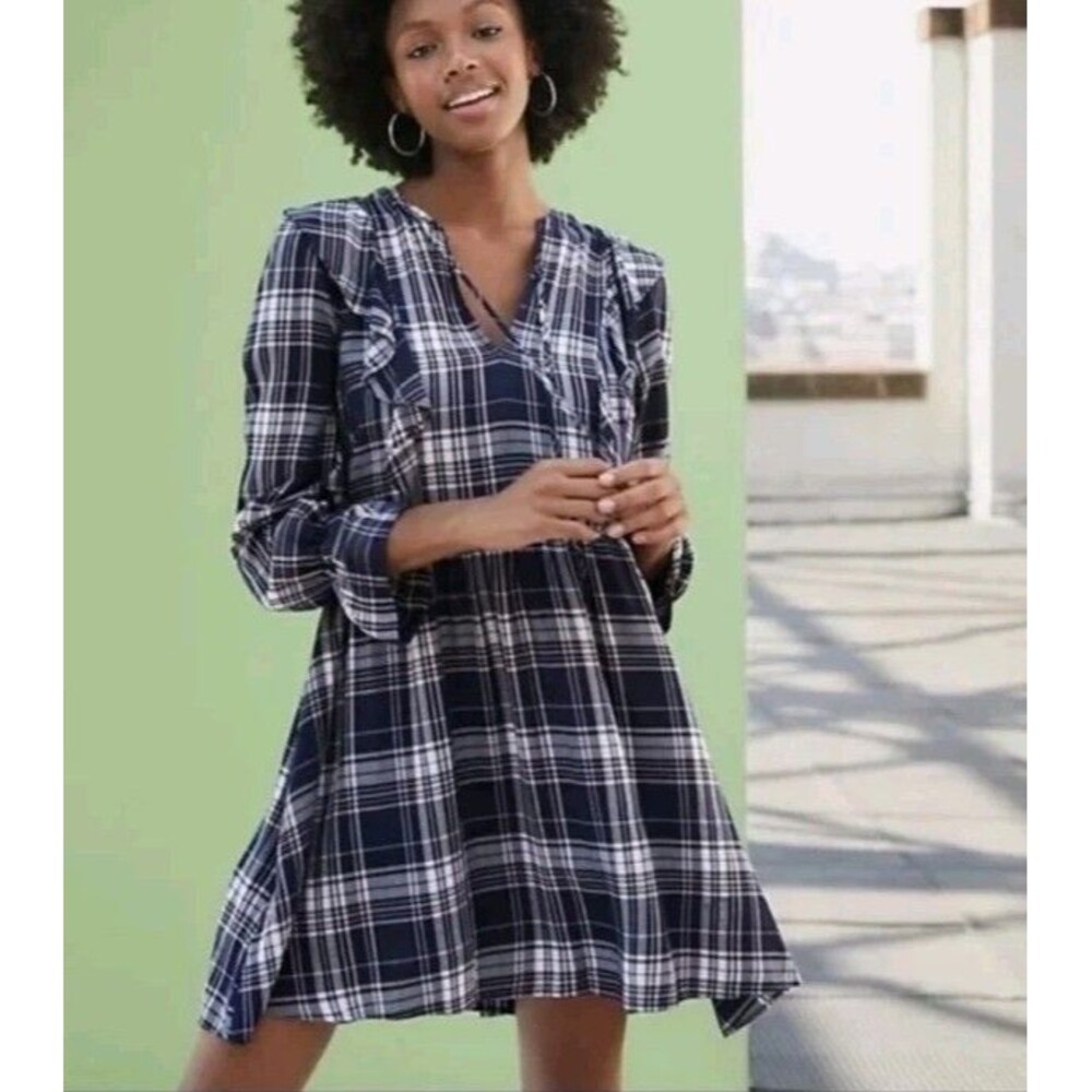 Ann‎ Taylor Loft Navy Blue Plaid Ruffle Tie Neck Shift Dress M